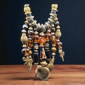 Boho Statement Necklace Amber Beads Gold Charms Coquette Bow Shell Heart Pendant